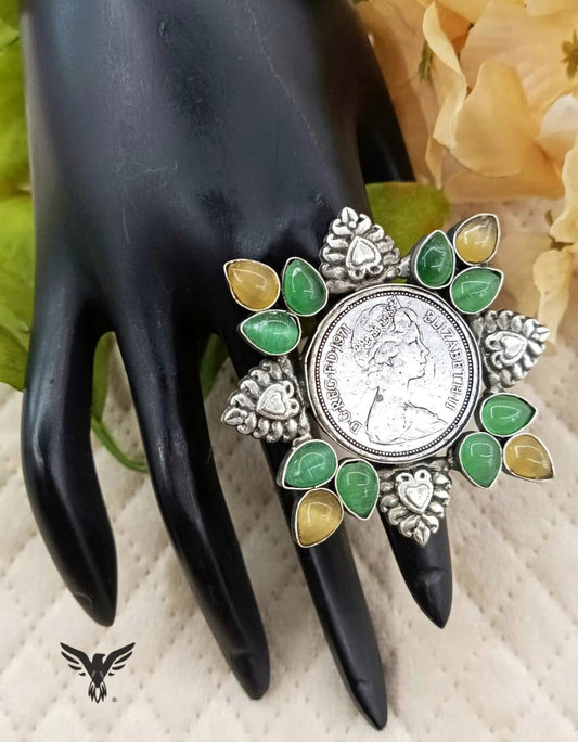 Vrashthi Elizabeth Coin Silver Look Alike Ring In Kundan For Women