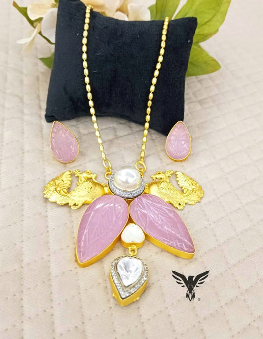 Aadrika Gold Plated Floral Duzy Necklace Set In Pink For Women