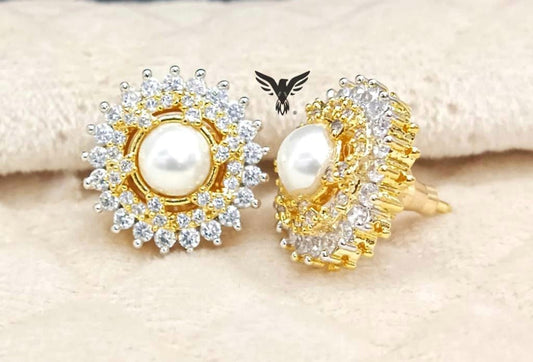 GOLD PLATED CZ ROUND WITH PEARL STUD