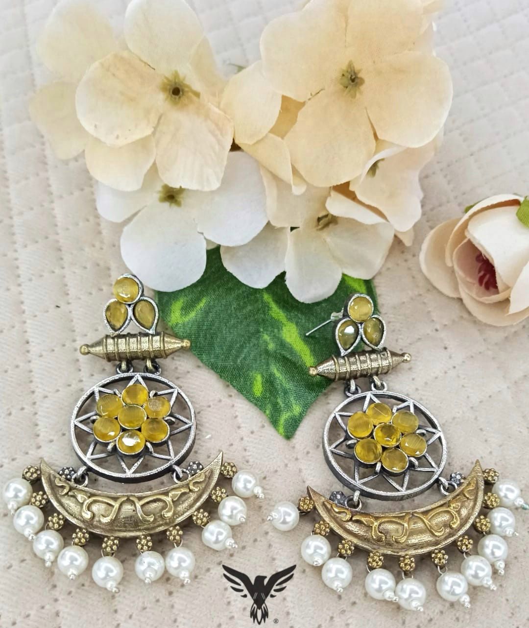 Garika Silver Look Alike Earings In Yellow With Pearl Drops