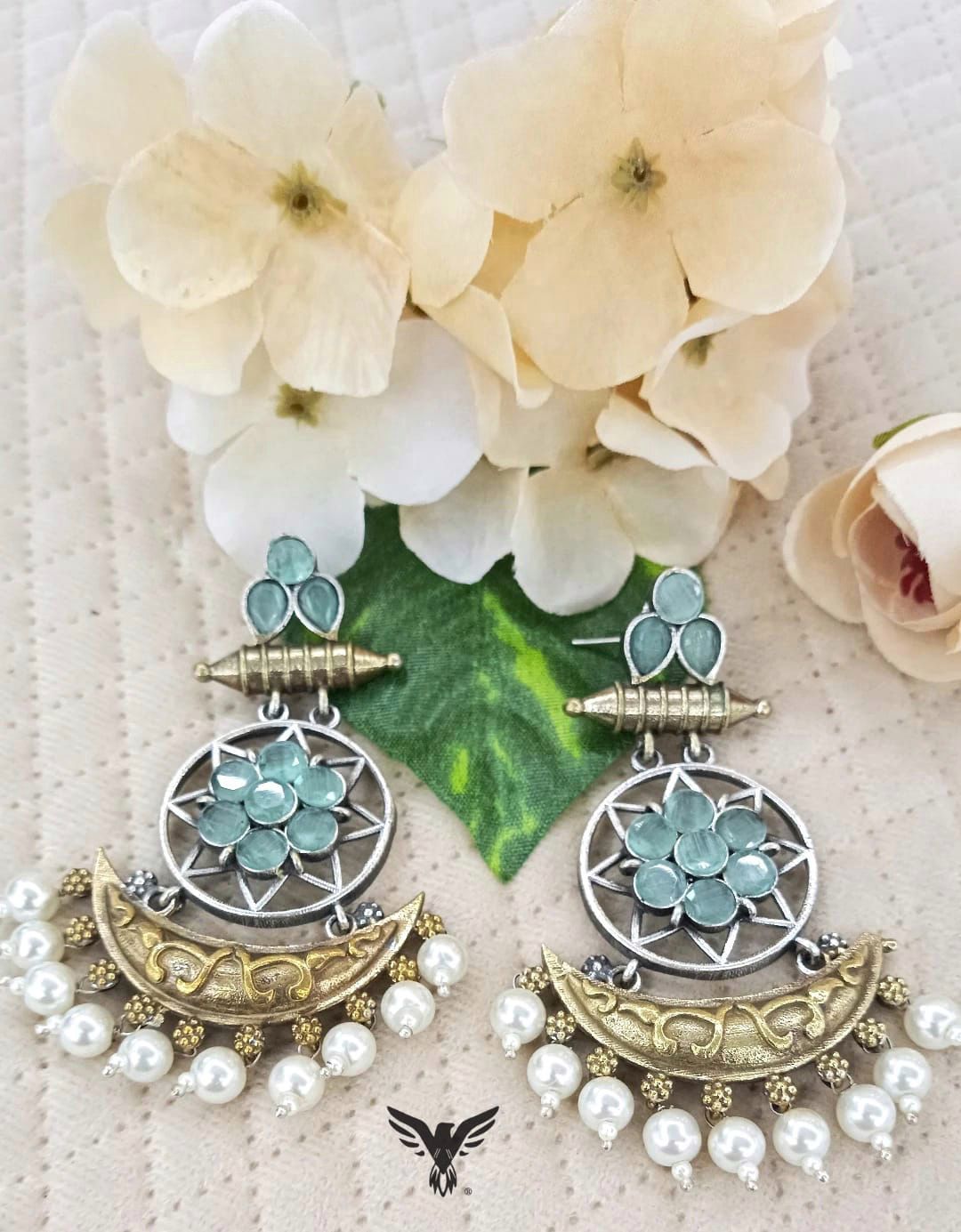 Garika Silver Look Alike Earings In Mint With Pearl Drops