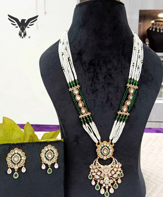 Adhya Multi Layered Kundan Mala With Kundan Broach In Emerald For Women