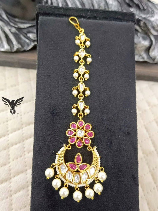 Chand Ruby Kundan Tika In Pearl Drops For Women