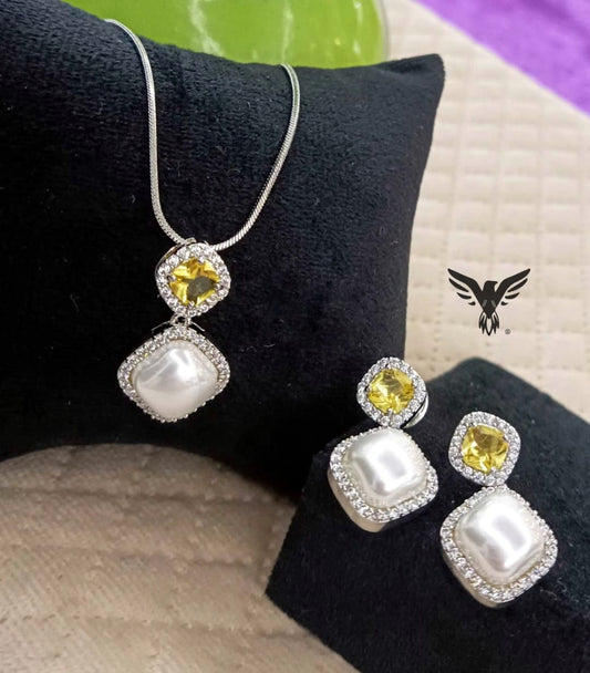 Ukti Yellow Pendant Set With Chain In Pearl For Women