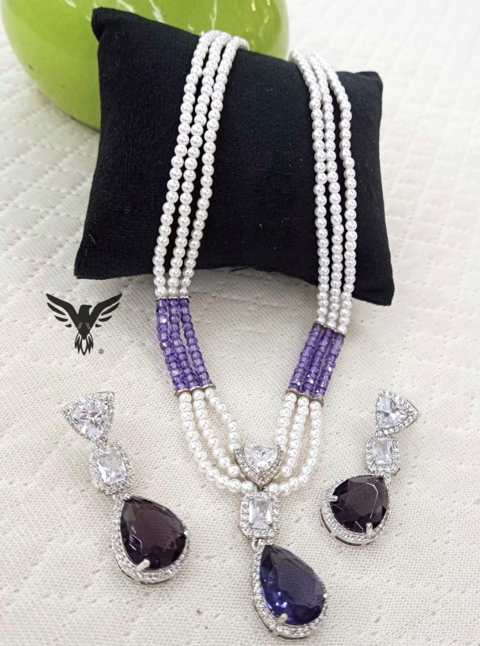 White Triple Layered Mala In Amethyst Diamond Broach With Earrings