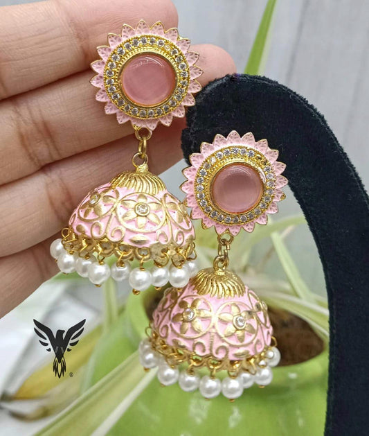 Pink Meenakari Jhumka Earings For women