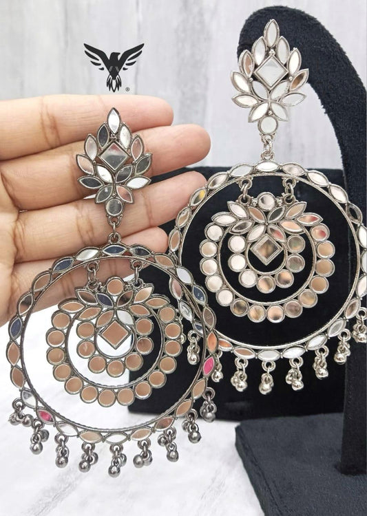 Silver Look Alike MIrror Work ChandBalis For Women