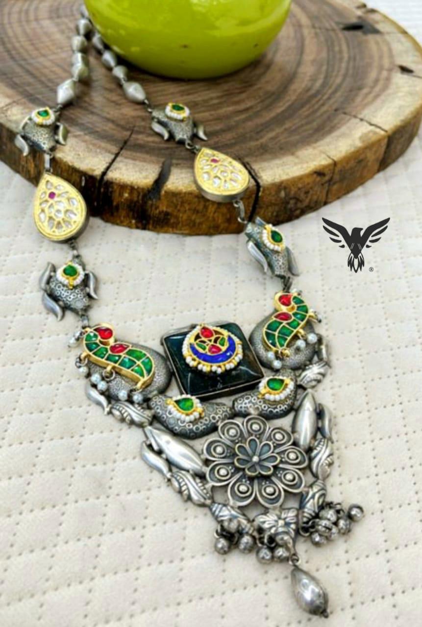 Banjara Silver Look Alike Multi Color Kundan Necklace Set For Women