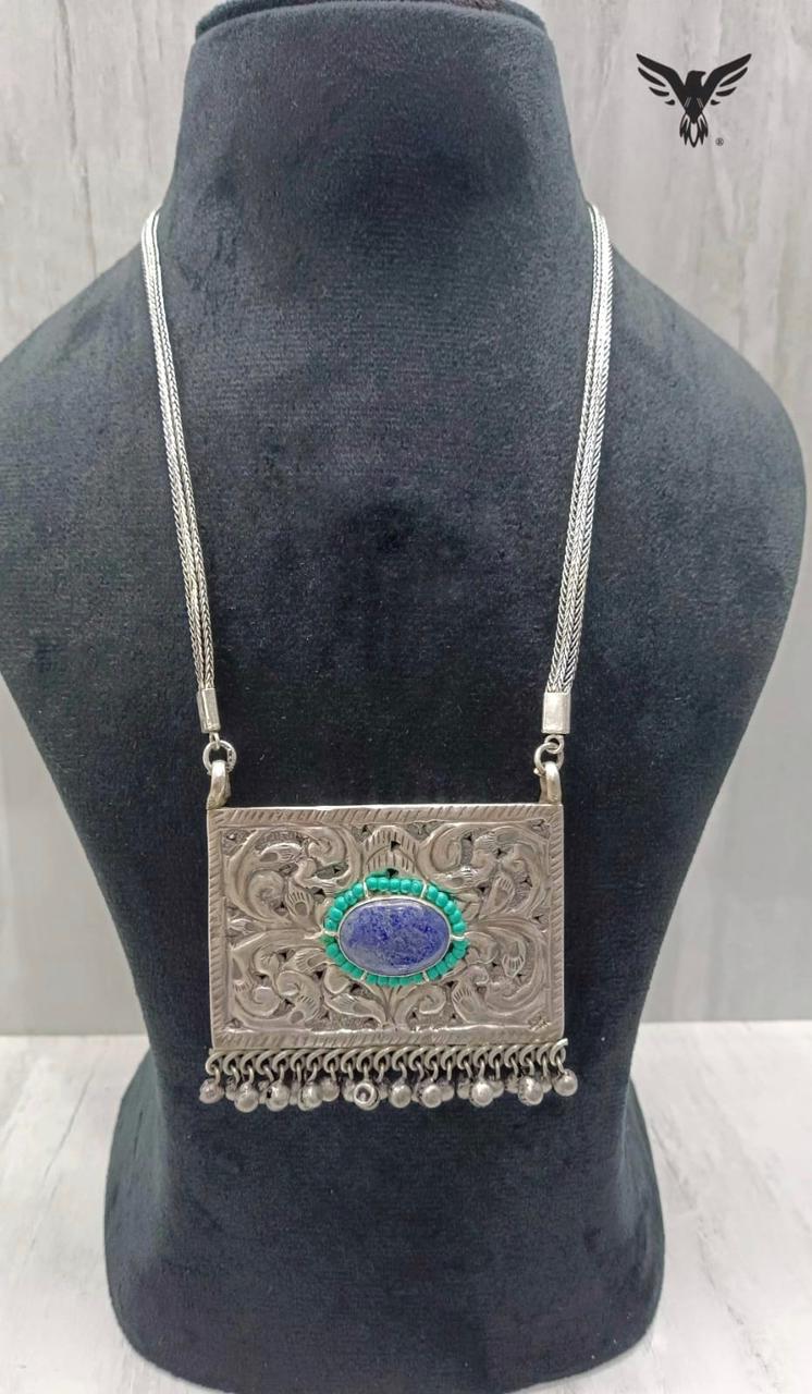 Silver Look Alike Necklace In Blue Stone  For Women