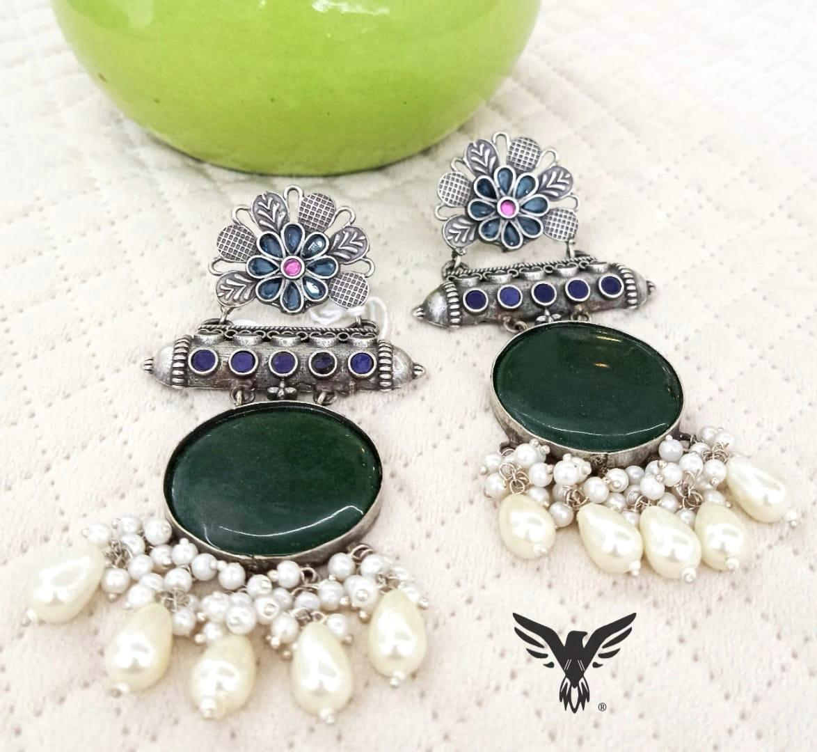 Sandhi Emerald Circle Silver Look Alike Earings For Women