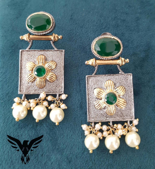 Sanvi Silver Look Alike Emerald Stone  Earings For Women