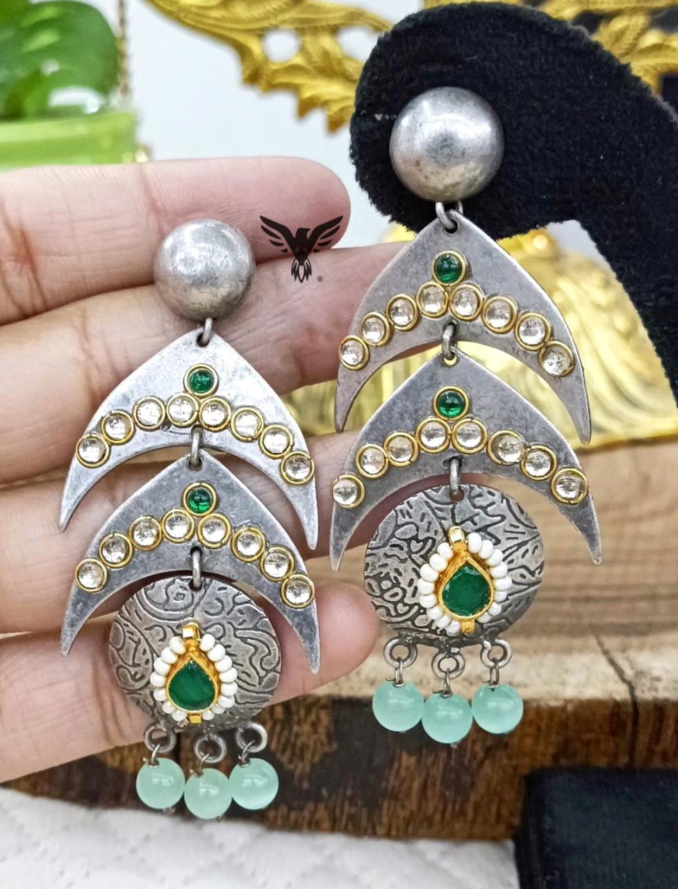 Yashika Silver Look Alike Earings In Emerald And Mint Drop For Women