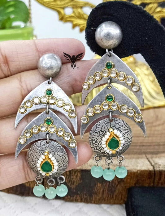 Yashika Silver Look Alike Earings In Emerald And Mint Drop For Women