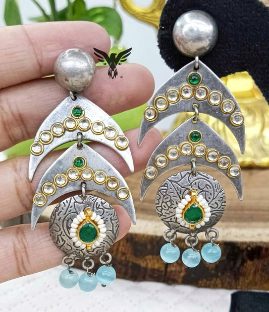 Yashika Silver Look Alike Earings In Emerald Kundan And Water Drops For Women