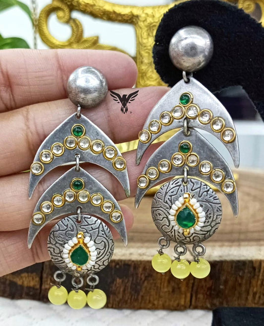 Yashika Silver Look Alike Earings In Emerald Kundan And Lemon Drops For Women