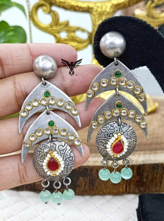 Yashika Silver Look Alike Earings In Ruby Kundan And Mint Drops For Women