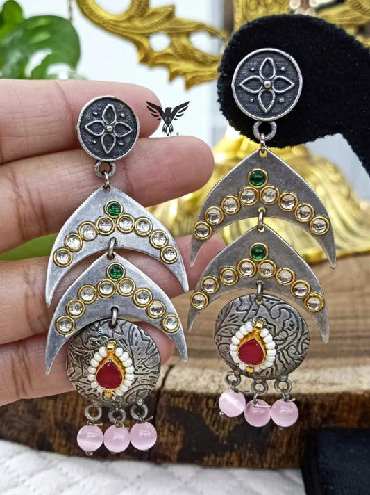 Yashika Silver Look Alike Earings In Ruby Kundan And Pink Drops For Women