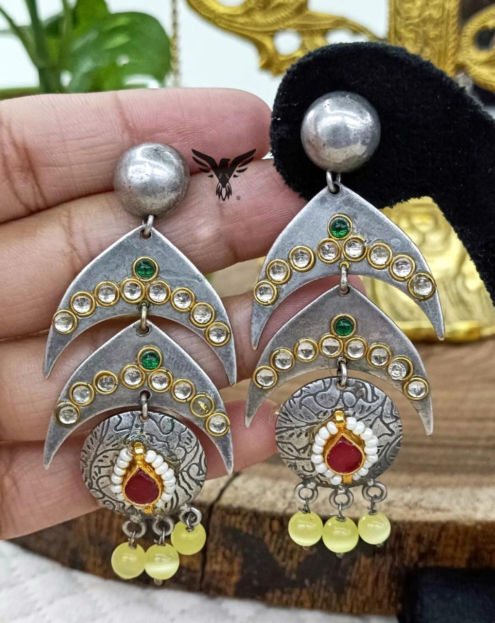 Yashika Silver Look Alike Earings In Ruby Kundan And Lemon Drops For Women