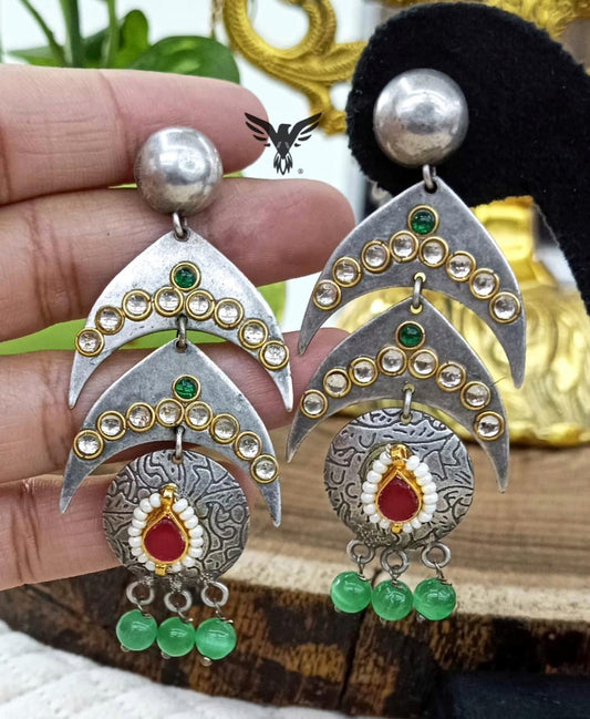 Yashika Silver Look Alike Earings In Ruby Kundan And Green Drops For Women