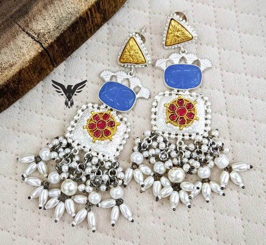 Yashvi Silver Look Alike Blue Stone And Ruby Kundan Earings For Women