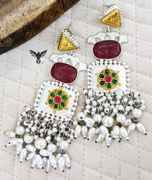 Yashvi Silver Look Alike Maroon  Stone And Emerald Kundan Earings For Women