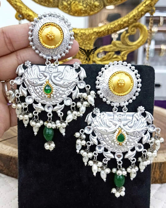 Emma Real Silver Look Alike Emerald Kundan Earings In Green Drop For Women