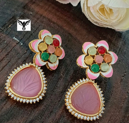 Nimma Navratan Craved Stone Kundan Earings For Women