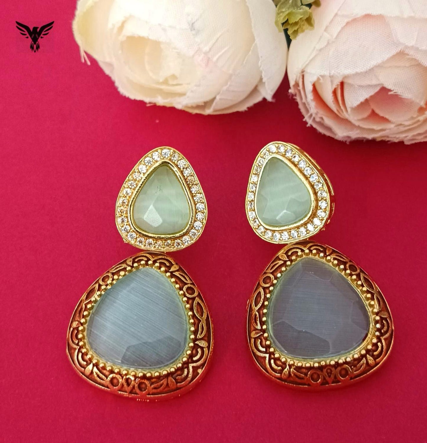 Riddhima Gold Plated Craved Stone In Mint Earings For Women