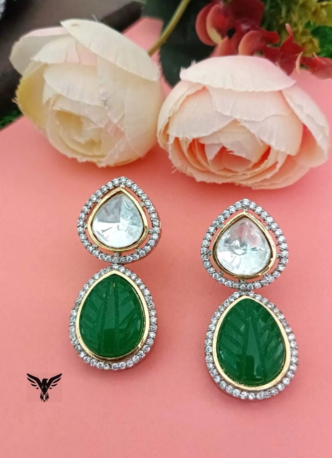 Vandana Kundan Polaki Earings In Emerald For Women