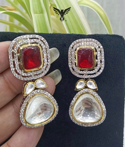 Kinjal Polki Diamond Earings In Red For Women