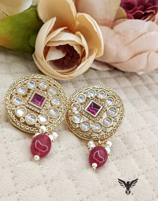 Madhubala Quality Kundan Earrings Studs With Monalisa Drop In Ruby