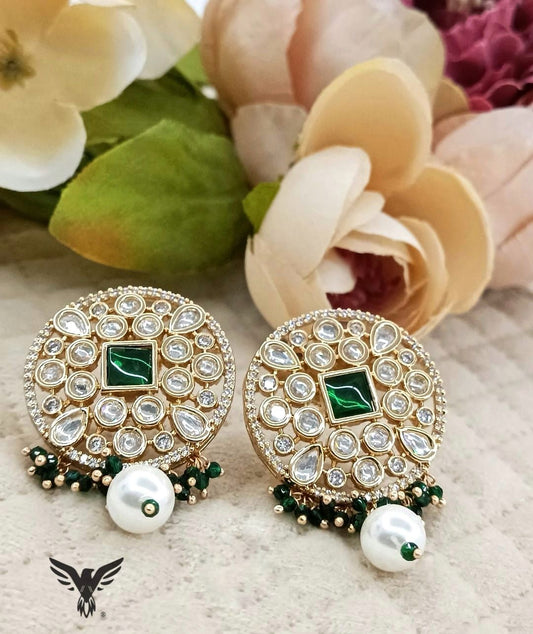 Madhubala Emerald  High Quality Kundan Earrings Studs With Pearl Drop