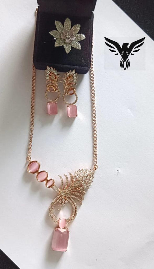 Suhani Beautiful Rose Gold Pendent Set In Pink With Diamond Ring For Women