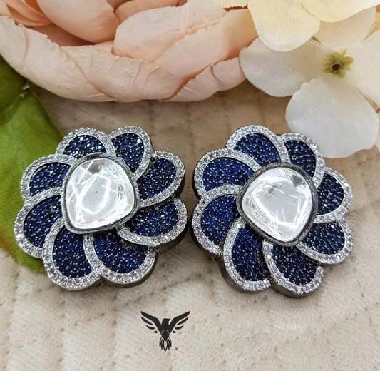 Twinkle Invisible Setting Blue Stone Stud Earrings with Kundan