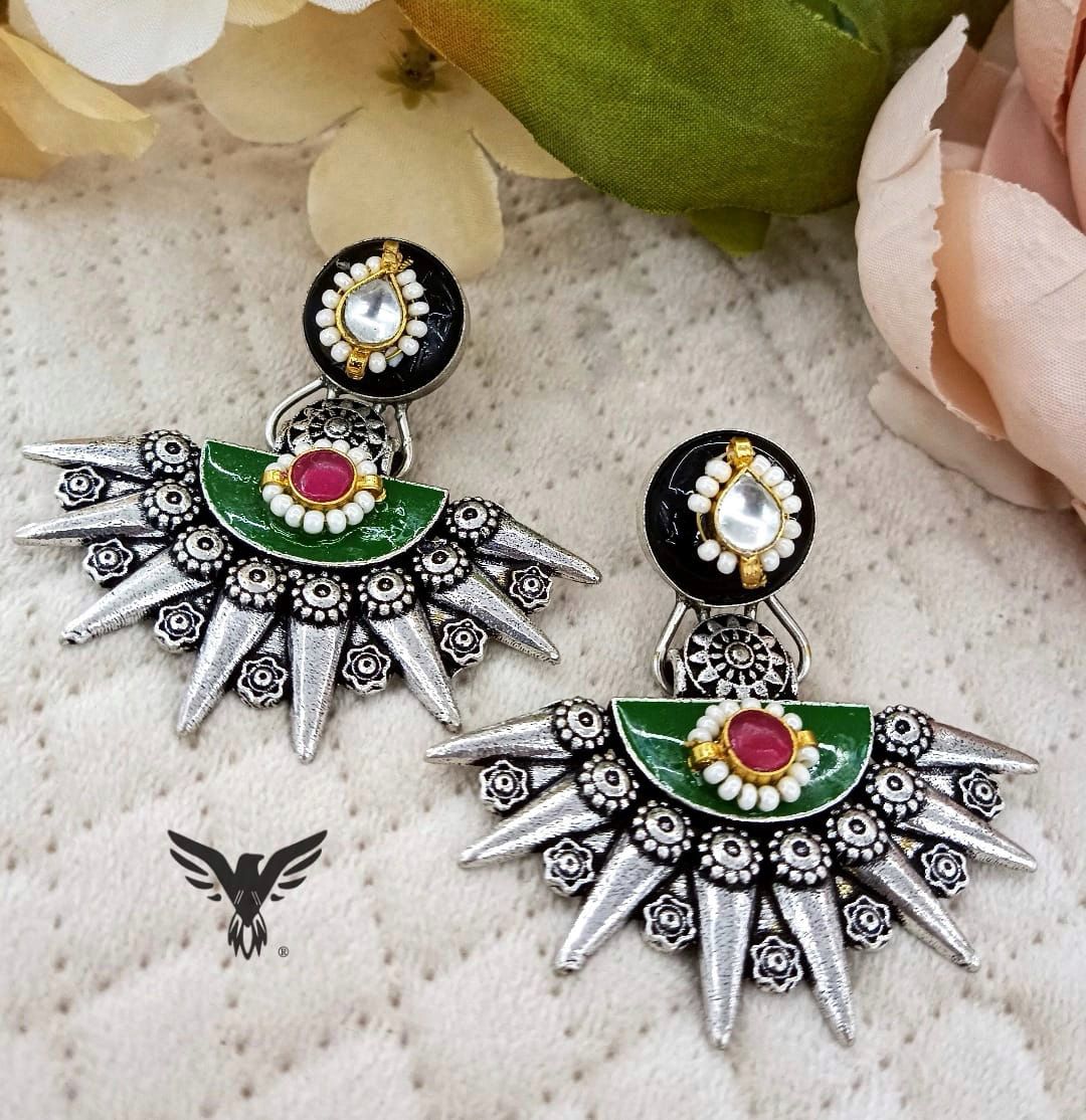 Preet Silver Look Alike Earings In Green For Women