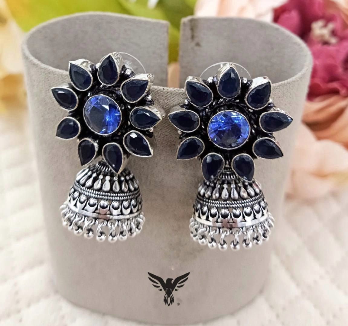 Bhairava Silver Look Alike Earings In Blue For Women