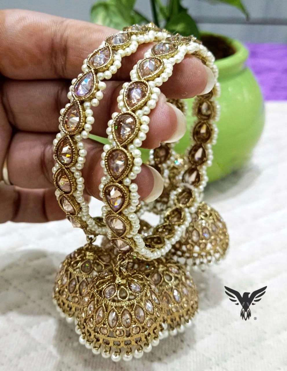 Ruhani Beaded Kundan Bangles In Jhumki Drops For Women