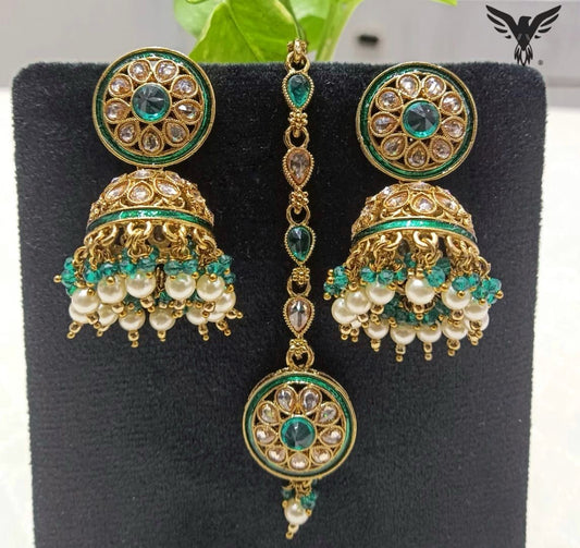 Sia Kundan Pearl Drop Earings in Turquoise With Mang Tika For Women