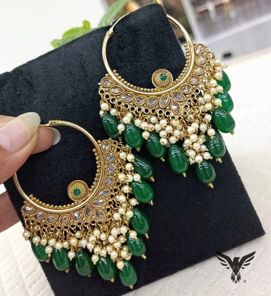 Jiya Beautiful Kundan Bali Earings In Emerald Polki Drops  For Women