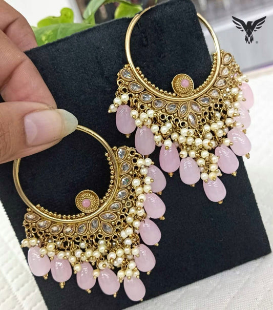 Jiya Beautiful Kundan Bali Earings In Pink Polki Drops  For Women