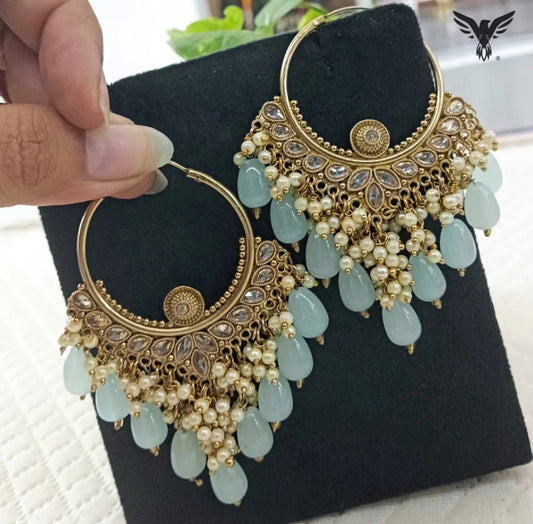 Jiya Beautiful Kundan Bali Earings In Turquoise Polki Drops  For Women