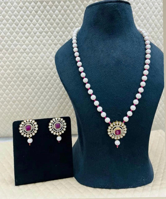 Mivi White Beaded Mala With Beautiful Ruby Kundan Broach For Women