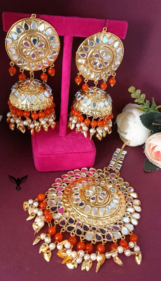 Aagya Kundan Mangtika And Earings In Orange For Women