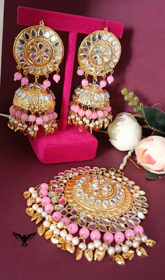 Aagya Kundan Mangtika And Earings In Pink For Women