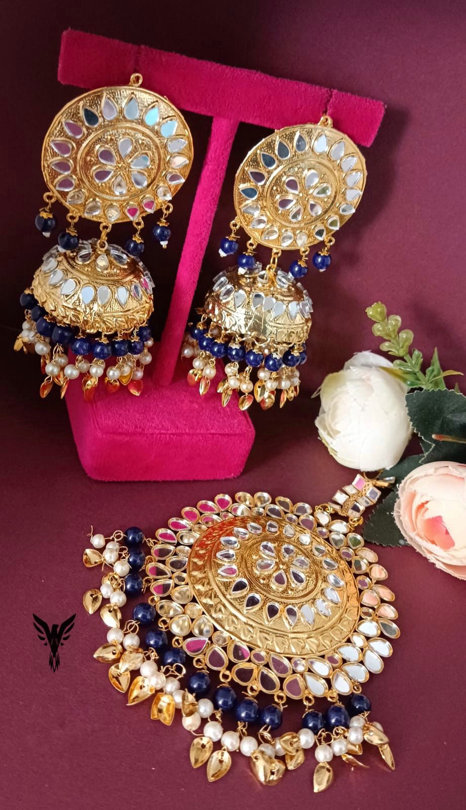 Aagya Kundan Mangtika And Earings In Blue For Women