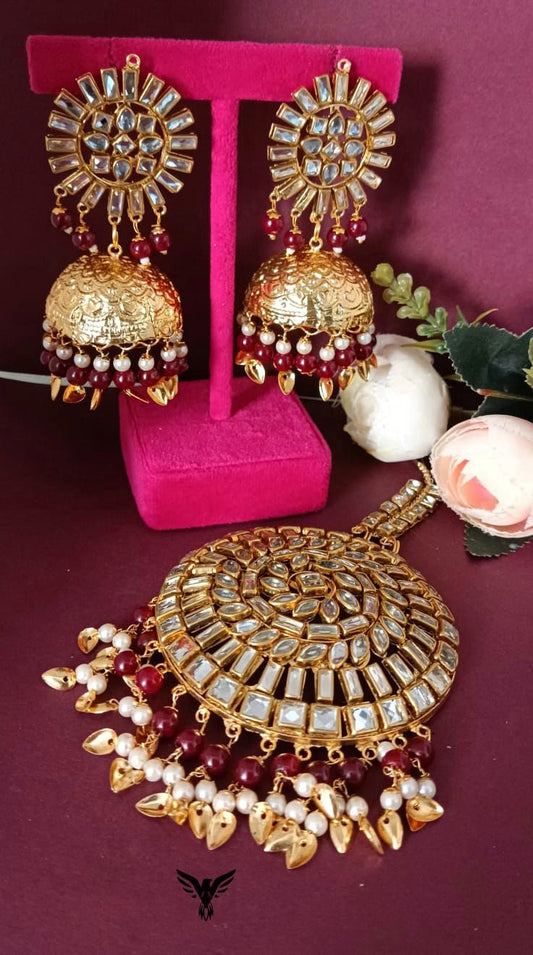 Aagya Kundan Mangtika And Earings In Maroon For Women