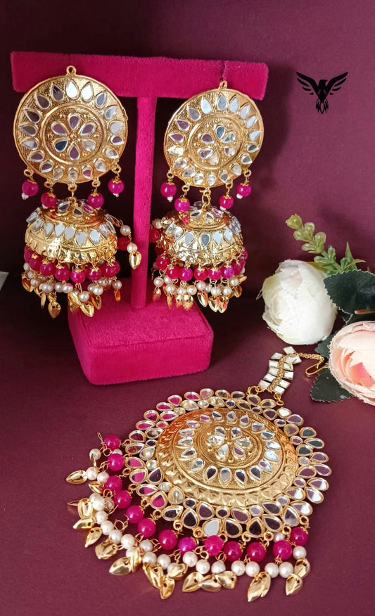 Aagya Kundan Mangtika And Earings In Ruby  For Women