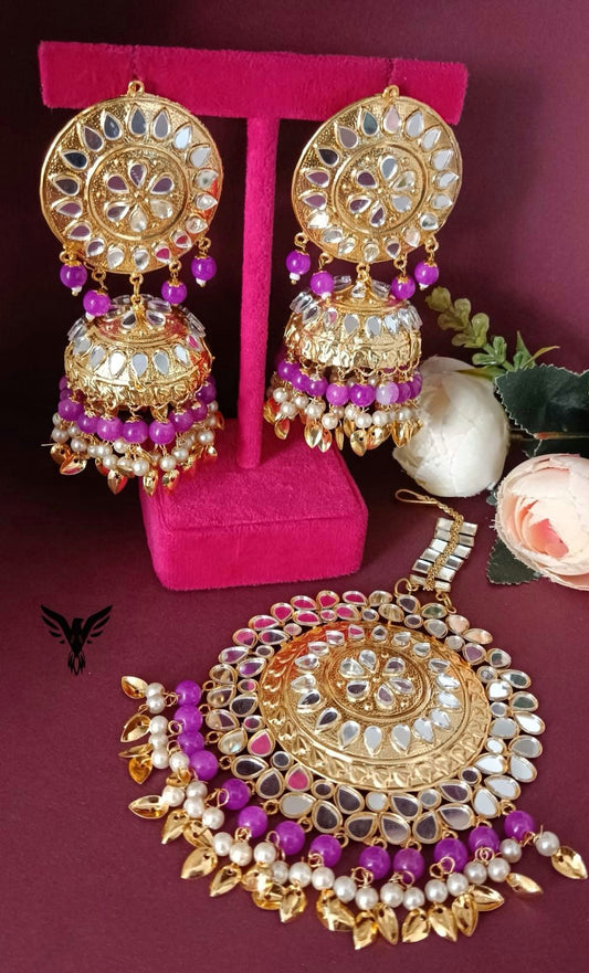 Aagya Kundan Mangtika And Earings In magenta For Women