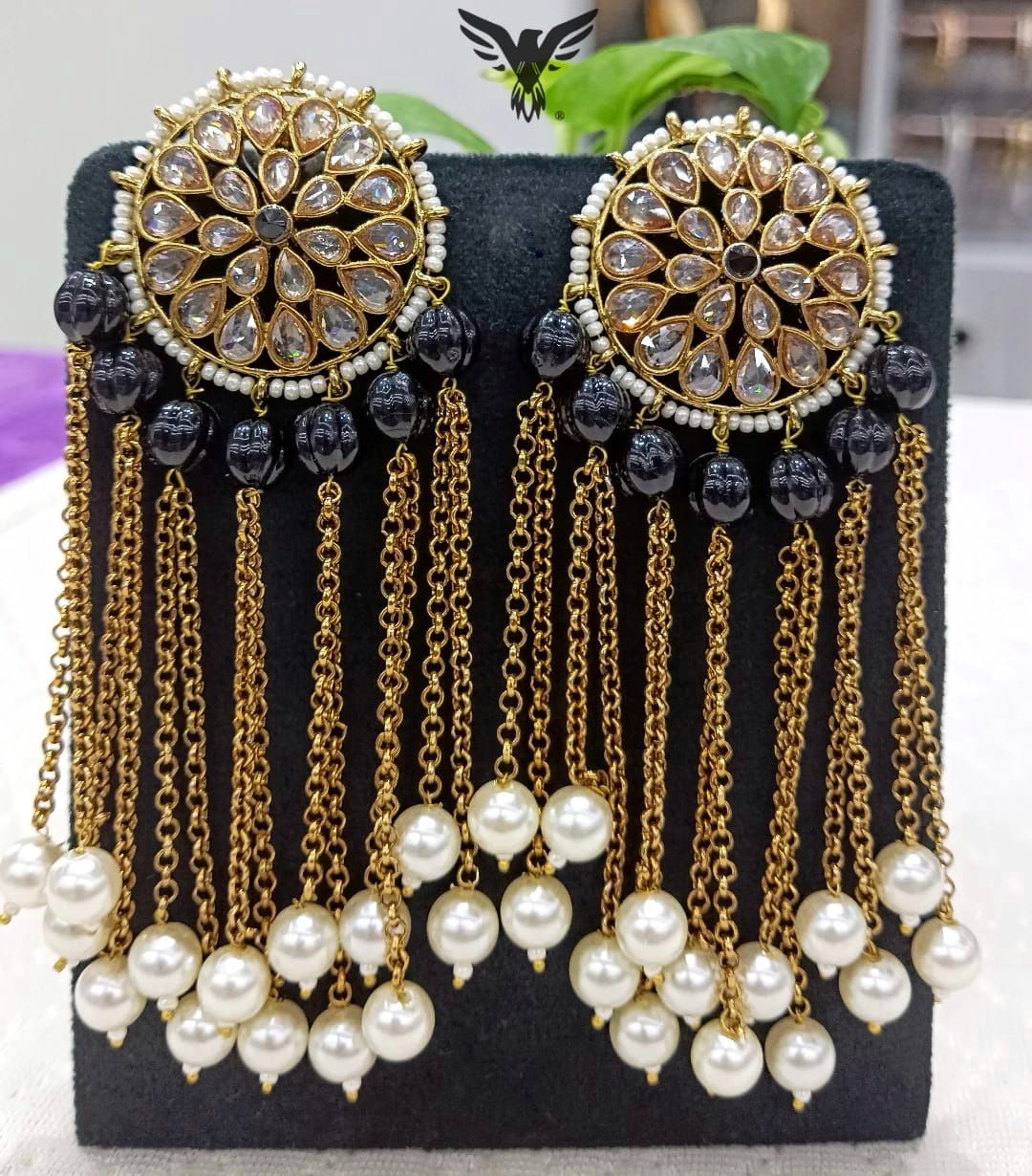 Mahira Kundan Chain Earings In Black Polki Drops For Women