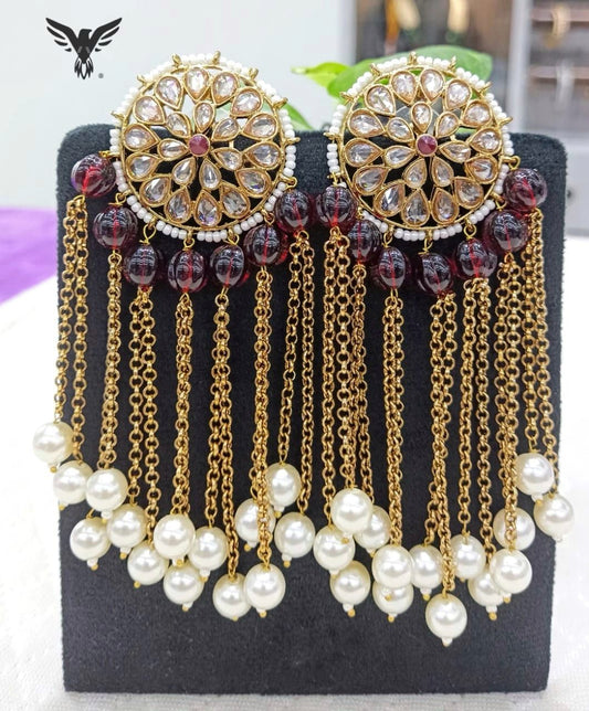 Mahira Kundan Chain Earings In Red Polki Drops For Women